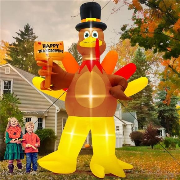 12FT Inflatable Turkey, LED Lighted Turkey Holding Happy Thanksgiving Sign - Picture 1 of 8